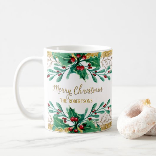 Frohe Weihnachtsschrift Gold Watercolor Holly Berr Kaffeetasse (Mit Donut)