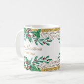 Frohe Weihnachtsschrift Gold Watercolor Holly Berr Kaffeetasse (Vorderseite Links)