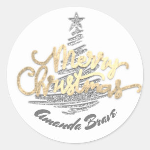 Frohe Weihnachtsschrift Name Gold Gray White Runder Aufkleber