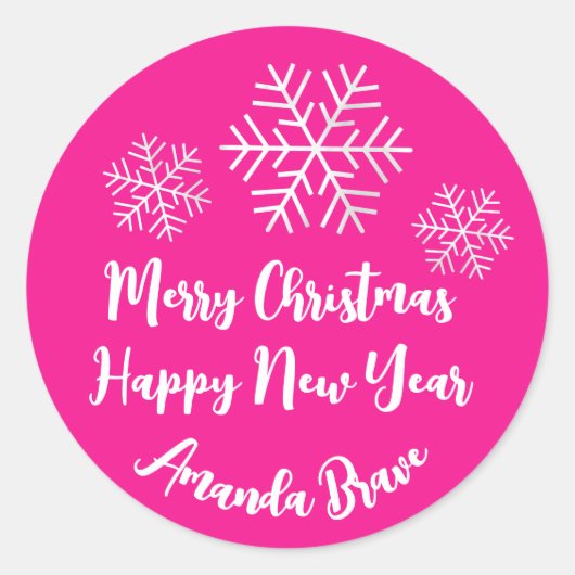 Frohe Weihnachtsschrift Name Snowflake Bright Pink Runder Aufkleber (Vorderseite)