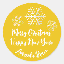 Frohe Weihnachtsschrift Name Snowflake Gray Yellow Runder Aufkleber
