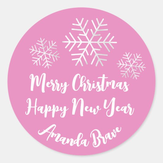 Frohe Weihnachtsschrift Name Snowflake White Pink Runder Aufkleber (Vorderseite)