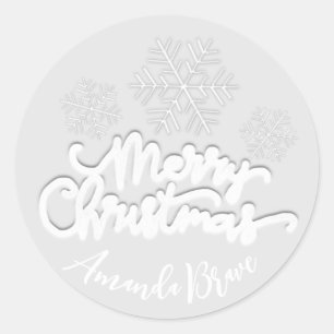 Frohe Weihnachtsschrift Name Snowflakes White Gray Runder Aufkleber