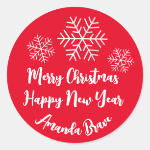 Frohe Weihnachtsschrift Name Snowflakes White Red Runder Aufkleber