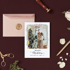 Frohe Weihnachtsschrift Pink Bow Garland Foto Feiertagskarte