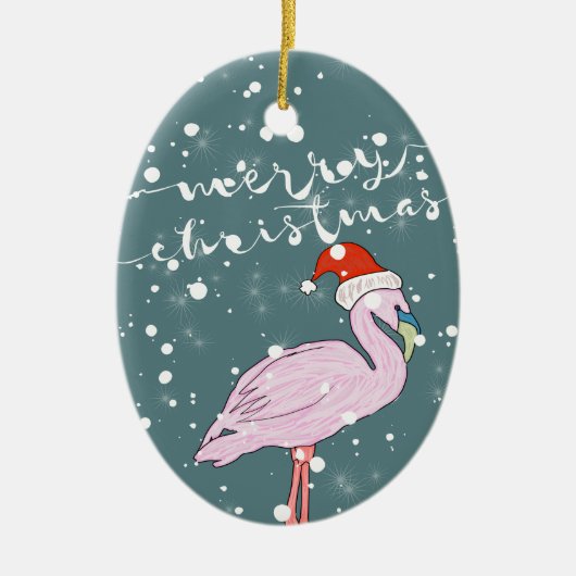 Frohe Weihnachtsschrift Pink Flamingo Tropical Keramik Ornament (Vorne)