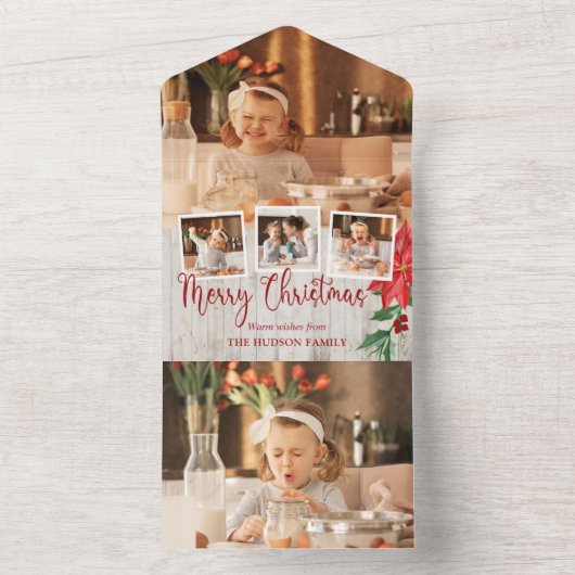 Frohe Weihnachtsschrift, Poinsettia, rustikale 4-F All In One Einladung (Innen Boden)