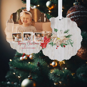 Frohe Weihnachtsschrift, Poinsettia, rustikale 4-F Ornament Karte