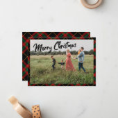 Frohe Weihnachtsschrift Schwarzes Kariertes Foto U Mitteilungskarte (Vorderseite/Rückseite Beispiel)