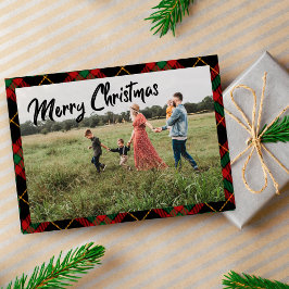 Frohe Weihnachtsschrift Schwarzes Kariertes Foto U Mitteilungskarte