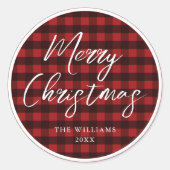 Frohe Weihnachtsskriptkalligraphie Kariert Runder Aufkleber (Vorderseite)