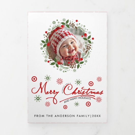 Frohe Weihnachtsskripttypografie und Kranz-Foto Dreifach Gefaltete Urlaubskarte (Cover)