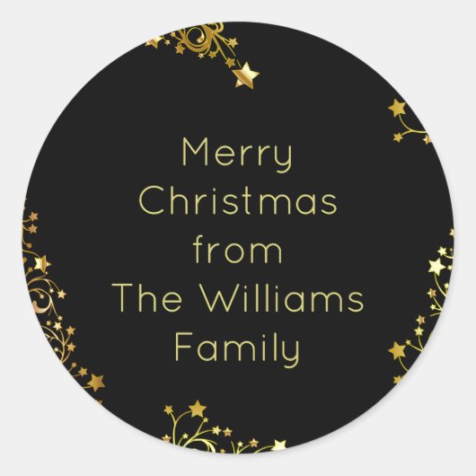 Frohe Weihnachtsstars Black Gold Shiny Chic Name Runder Aufkleber (Vorderseite)