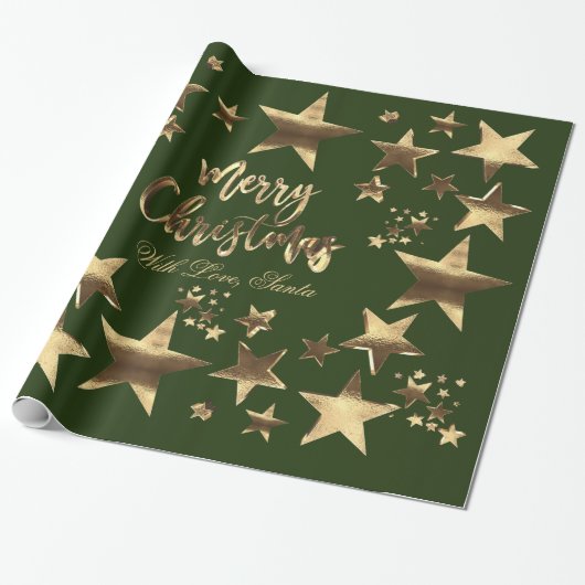 Frohe Weihnachtsstars Green Gold Elegantes Skript Geschenkpapier (Ungerollt)