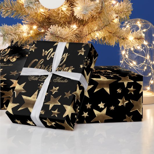 Frohe Weihnachtsstars Schwarzes Gold Elegante Scri Geschenkpapier (Feiertage)