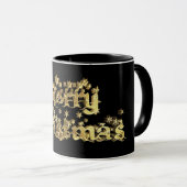 Frohe Weihnachtsstars Typografie Black and Gold Tasse (VorderseiteRechts)