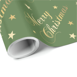 Frohe Weihnachtssterne Elegantes Skript Gold Grün Geschenkpapier