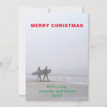 Frohe Weihnachtssurfing Couple Foto Urlaubskarte