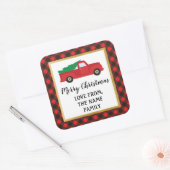Frohe Weihnachtsticker Labels Red Kariert Truck Quadratischer Aufkleber (Umschlag)