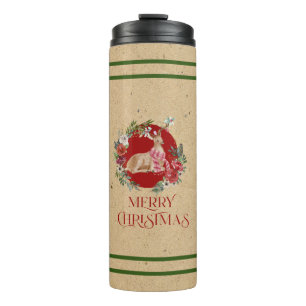 Frohe Weihnachtstypografie Blumenkranz mit Hirsch Thermosbecher
