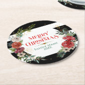 Frohe Weihnachtstypografie & Blumenreath-Untersetz Runder Pappuntersetzer (Angewinkelt)