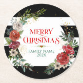 Frohe Weihnachtstypografie & Blumenreath-Untersetz Runder Pappuntersetzer (Vorderseite)