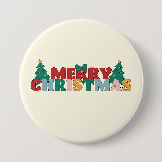 Frohe Weihnachtstypografie dekoriert Pine Tree Button (Vorderseite)