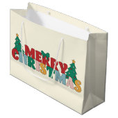 Frohe Weihnachtstypografie dekoriert Pine Tree Große Geschenktüte (Vorderseite Schrägansicht)