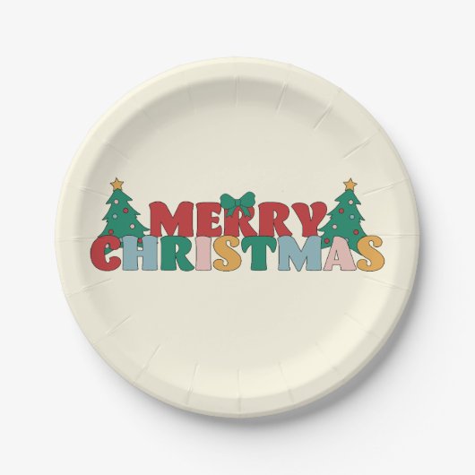 Frohe Weihnachtstypografie dekoriert Pine Tree Pappteller (Vorderseite)