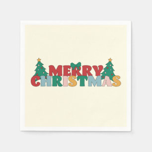 Frohe Weihnachtstypografie dekoriert Pine Tree Serviette