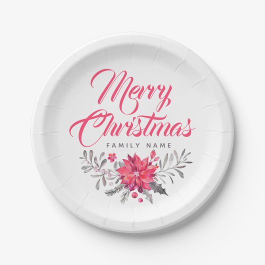 Frohe Weihnachtstypografie & Floral Bouquet Pappteller (Vorderseite)