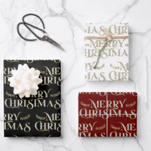 Frohe Weihnachtstypografie Imitate Glitzer Textur Geschenkpapier Set