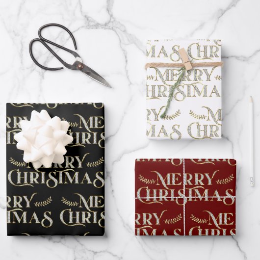 Frohe Weihnachtstypografie Imitate Glitzer Textur Geschenkpapier Set (Vorderseite)