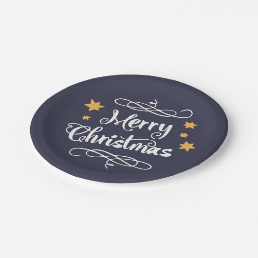 Frohe Weihnachtstypografie Light Blue White Pappteller (Schrägansicht)