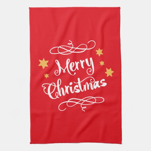 Frohe Weihnachtstypografie Light Red White Geschirrtuch (Vertikal)