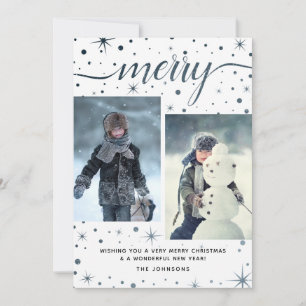 Frohe Weihnachtstypografie Lila + Aquamarin 2-Foto Feiertagskarte