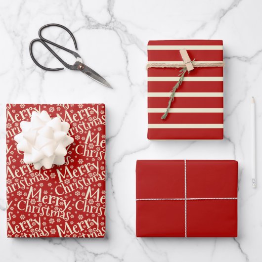 Frohe Weihnachtstypografie Red Cream Pattern Geschenkpapier Set (Vorderseite)