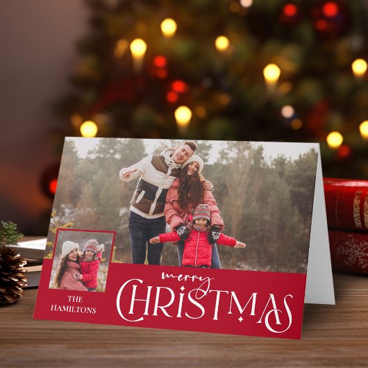 Frohe Weihnachtstypografie Red Zwei-Foto Karte