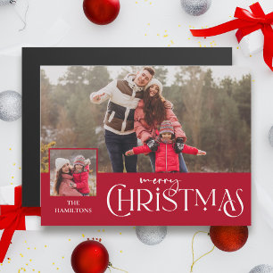 Frohe Weihnachtstypografie Red Zwei-Foto Magnetkarte