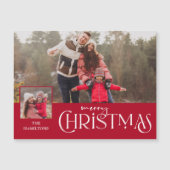 Frohe Weihnachtstypografie Red Zwei-Foto Magnetkarte (Vorderseite)