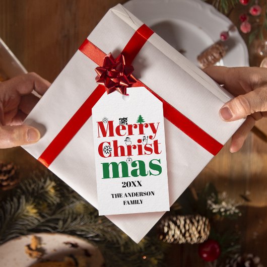 Frohe Weihnachtstypografie und Vintage Elemente Geschenkanhänger