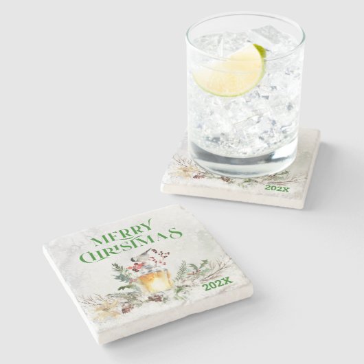 Frohe Weihnachtstypografie und Weihnachtsbouquet Steinuntersetzer (Seitenansicht)