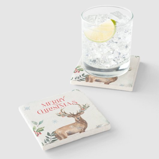 Frohe Weihnachtstypografie und Weihnachtshirsche Steinuntersetzer (Seitenansicht)