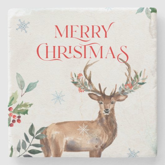 Frohe Weihnachtstypografie und Weihnachtshirsche Steinuntersetzer (Vorderseite)