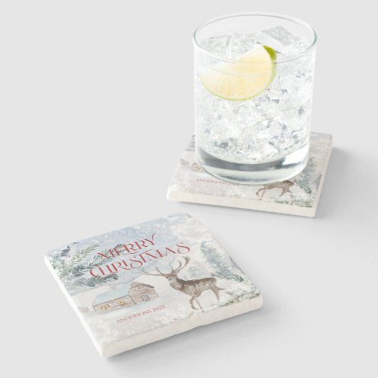 Frohe Weihnachtstypografie Weihnachtsferd Steinuntersetzer (Seitenansicht)