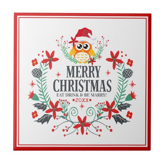 Frohe Weihnachtstypografie Weihnachtskranz Fliese (Vorderseite)