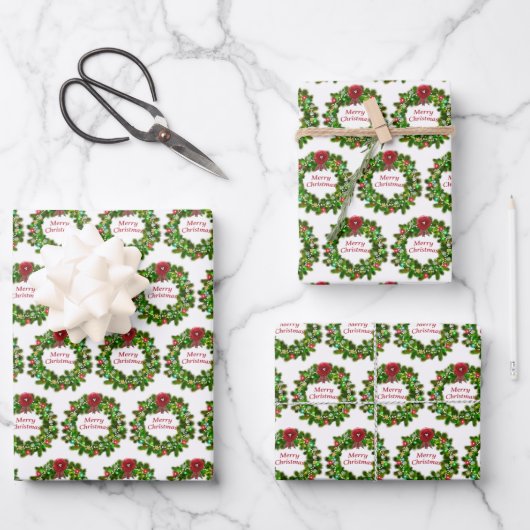 Frohe Weihnachtstypografie Wreath Red Green Geschenkpapier Set (Vorderseite)