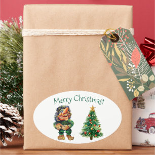 Frohe Weihnachtswache und Baumfreude Ovaler Aufkleber