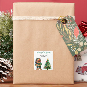 Frohe Weihnachtswache und Baumfreude Quadratischer Aufkleber