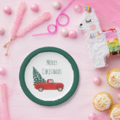 Frohe Weihnachtswagen mit Weihnachtsbaum rot Pappteller (Party)